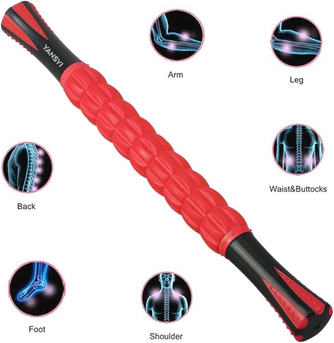 YANSYI Professional 9-Roller Muscle Recovery Stick - Deep Tissue Portable Massage Roller for Athletes, Relieves Muscle Soreness, Back & Leg Pain - Post-Workout Physio Tool (Red)