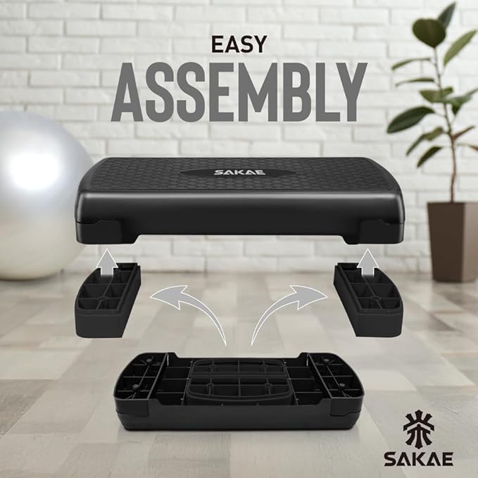SAKAE Adjustable Aerobic Stepper Kit with Dumbbells & Kettlebell & Weightlifting Belt & Measuring Tape, 2 Level Risers Exercise Step Platform for Home Gym Exercise Fitness Workout, Multiple Colors