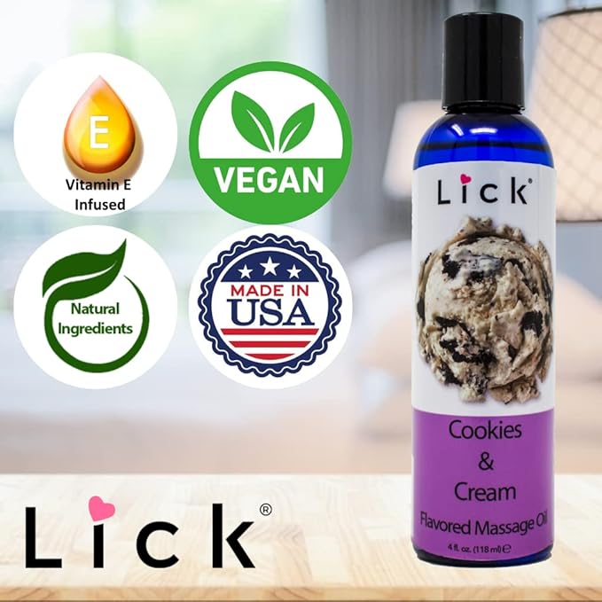 Lick Cookies and Cream Flavored Massage Oil – Creamy Dessert Edible Massage Oil with Sweet Almond Oil & Vitamin E, Smooth Glide for Couples Massage, 4 oz
