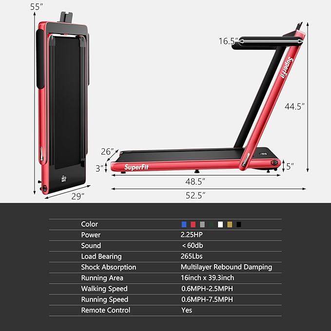 Goplus 2 in 1 Folding Treadmill, 2.25HP Superfit Under Desk Electric Treadmill, Installation-Free with Remote Control, APP Control and LED Display, Walking Jogging for Home Office