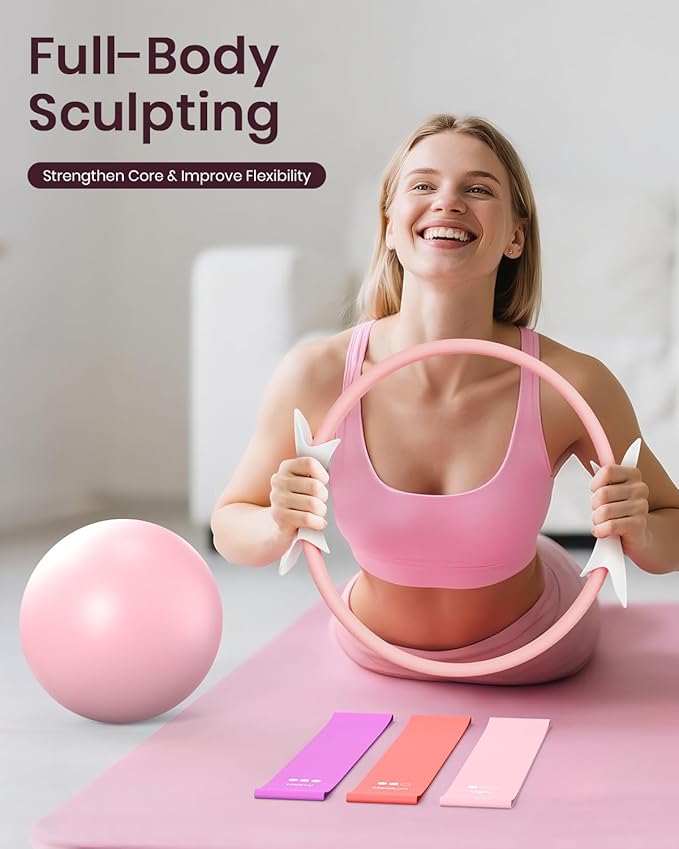 Pilates Ring Set for Women, Home Workout Pilates Equipment with Resistance Bands, 14'' Magic Circle, Mini Ball, Pilates Starter Kit for Strength, Toning and Flexibility