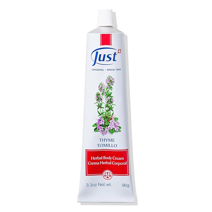SwissJust Thyme Cream, Thyme Tomillo 96g. Massage Cream with Camphor Oil, Lemon Eucalyptus Chamomile Essential, Rosemary, Soybean, and Pine Essential Oils.
