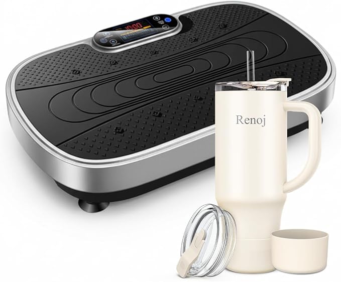 Vibration Plate Exercise Platform with Loop Bands + Renoj SnapShift 32oz Insulated Stainless Steel Tumbler (White) – Full Body Workout & Recovery Set