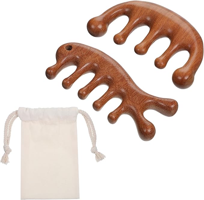 2 PCS Massager Comb, Sandalwood Wooden Scalp Comb Portable Gua Sha Combs Wide Tooth Scalps Massager Combs with 1 PCS Storage Bag for Men Women Head Neck Face Care Relaxation