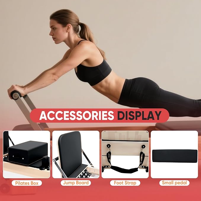 Professional Pilates Reformer Machine for Home – Full-Body Workout Reformer with Jumpboard, Box & Foot Straps – Smooth Glide System, Adjustable Resistance, Solid Wood Frame