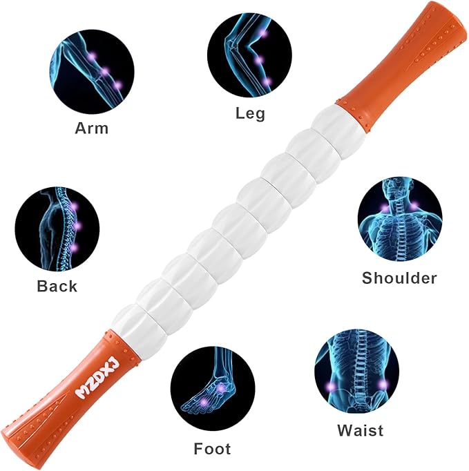 Muscle Roller Massage Roller Stick- Deep Tissue Fascia Blaster for Myofascial Pain Relief, Lymphatic Drainage & Body Sculpting, Handheld Physical Therapy & Recovery Tool(Orange White -18 inch)