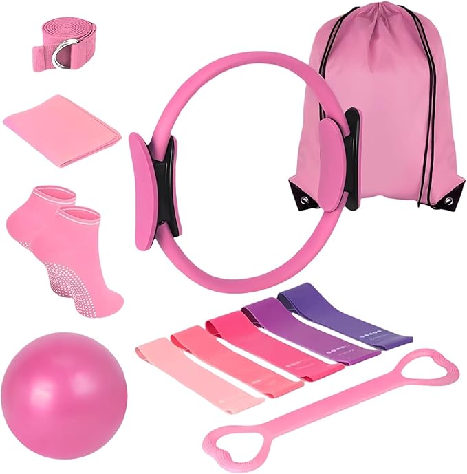 Yoga Accessories Kit with 8-Piece Pilates Ball and Loop Set, Including Resistance Bands and Non Slip Socks, for Complete Body Workout