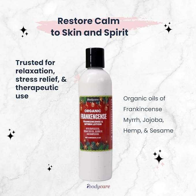 Frankincense and Myrrh Organic Hand, Body and Massage Lotion, Holiday Christmas Gifts, Holiday Hand Cream, Christmas Gifts for Coworkers, Stocking Stuffer, Self Care, Massage and Sp