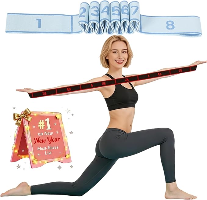 Fitness Resistance Band for Stretching and Yoga, Numbered Elastic Exercise Bands with Handles, Adjustable 8/10/12-Loop Design for Full Body Stretching and Pilates