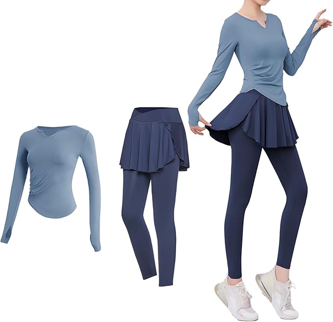 Pilates Two-Piece Black Set For Women, Xxl, Includes Long Sleeve Top, Skirt, Leggings, Breathable & Sweat-Wicking, Fits 135-150 Lbs