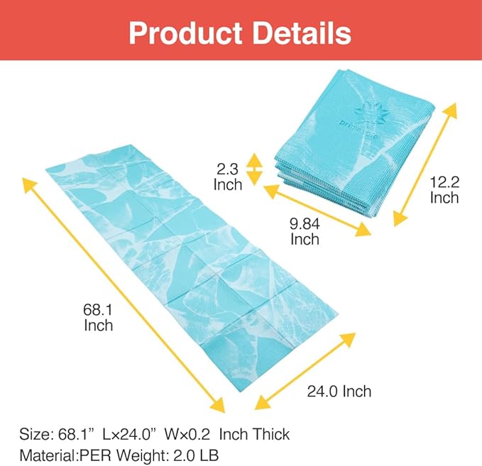 Primasole Folding Yoga Travel Pilates Mat Foldable Easy to Carry to Class Beach Park Tear resistant Travel Picnics 4mm Thick 9 Colors