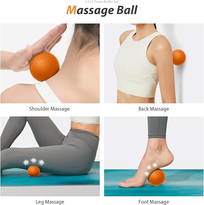 5-in-1 Foam Roller Set for Deep Tissue Muscle Massage, Trigger Point Fitness Tool with Muscle Stick Roller, Massage Ball, Stretching Strap for Whole Body (Orange-New)