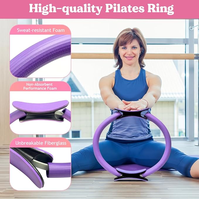 Pilates Ring 13 Piece Set,Pilates Kit for Women Exercise Equipment Accessories Deformation Magic Circle with Padded Handles, Workouts Ball, Guide & Bag, Resistance Bands for Legs Arms and Thighs
