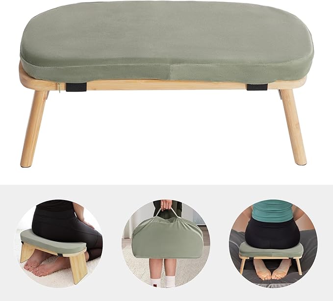 Bamboo Meditation Bench with Cushion, Folding Kneeling Meditation Bench, Portable Kneeling Chair for Kneeling or Sitting, 396.83lbs Load Max (Green)