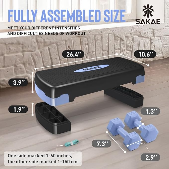SAKAE Step Aerobics Platform Set with Dumbbells & Measuring Tape, Aerobic Steppers for Exercise at Home, Adjustable Height 2 Level Risers Workout Step Trainer with Non-Slip Surface, Multiple Colors