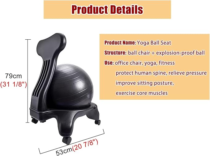 Yoga Ball Chair with Back Support - Ergonomic Posture Chair for Back Pain Relief, Physical Therapy & Exercise - Ideal for Teachers, Students, Workers, and Maternity Use
