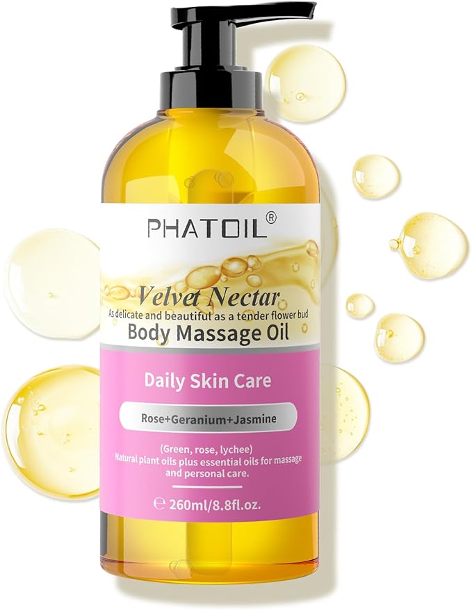 PHATOIL Rose Body Oil, Velvet Nectar Body Massage Oil 260 ml (8.8 fl.oz), Blends of Natural Plant Oils & Essential Oils for Massage and Skin Care, Body Oils for Women and Men
