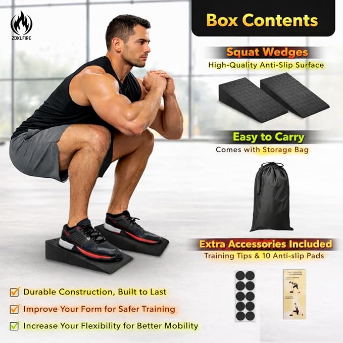 ZKDLFIRE Squat Wedge Block – 2 Pcs, Non-Slip Squat Wedges Weightlifting – Heel Elevated Squat Wedge, Heel Wedge for Squats, Slant Board for Squats to Improve Mobility, Balance, Strength & Squat Depth, Includes Anti-Slip Pads & Carrying Bag