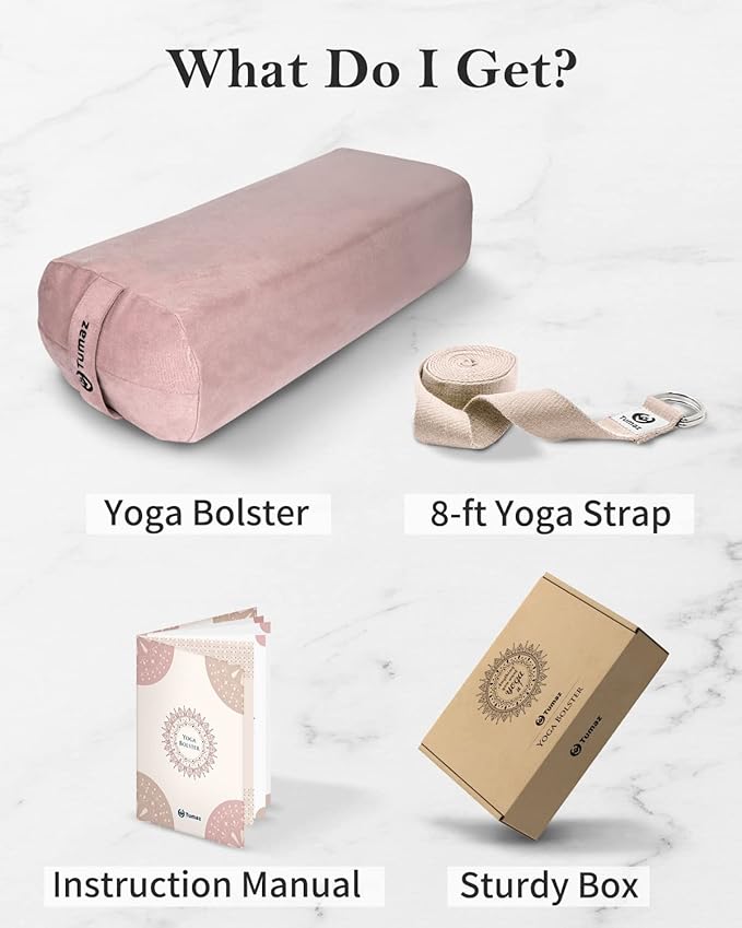 Tumaz Yoga Bolster Set - Rectangular Bolster Pillow for Restorative Yoga, Soft Meditation Pillow with Carry Handle and 8-Feet Strap, Machine Washable Cover