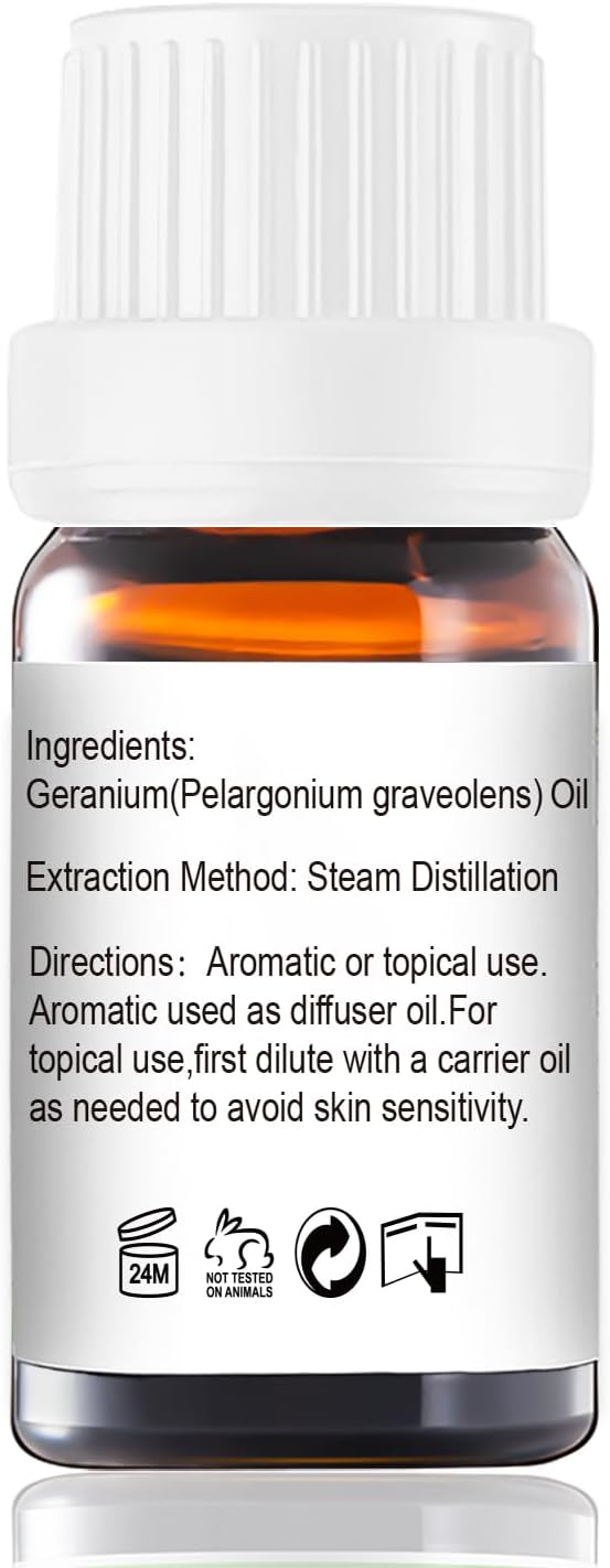 Geranium Essential Oil 10ml, 100% Pure Geranium Oil for Diffuser, Skin, Hair, Face, Soap & Candle Making, Aromatherapy & Massage