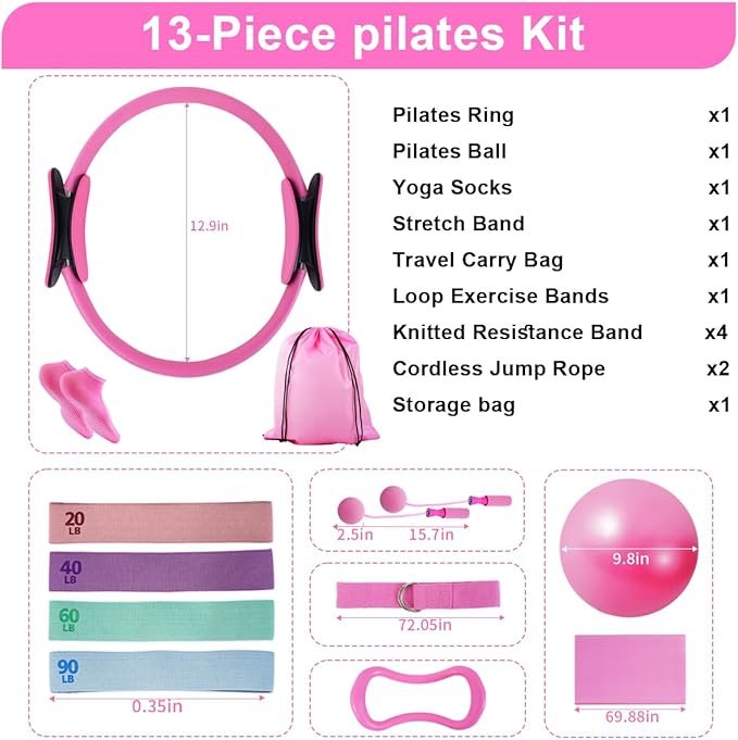 Pilates Essentials Kit for Women, Home Pilates Kit with 12.9" Ring and 9.8" Mini Ball, 4 Fabric Loop Bands, Figure-8 Band, Stretch Strap, Jump Rope, Carry Bag