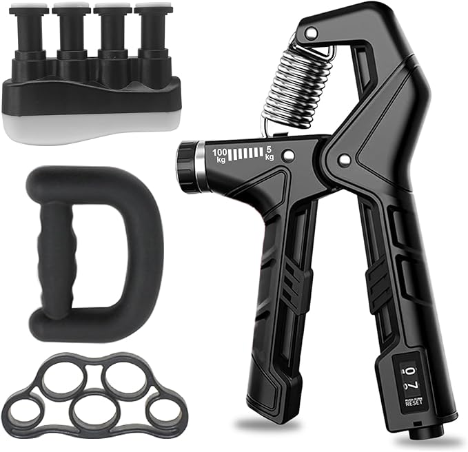 Hand Grip Strengthener - Adjustable Resistance 11-220Lbs Forearm Strength Trainer with Counting, Silicone Grip Ring & Hand Exercise for Quickly Increasing Wrist Forearm and Finger Strength Combo Set
