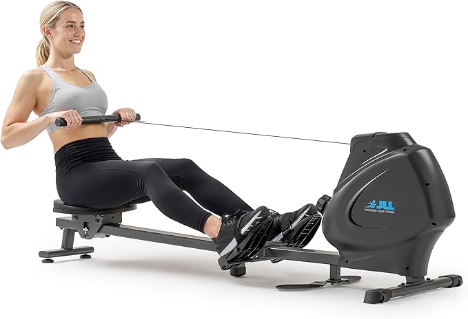 JLL Magnetic Rowing Machine – Foldable Rower for Apartments & Home Gyms, 16 Resistance Levels, Bluetooth with SunnyFit App, Easy-Glide Wheels, Tilt-to-Store Upright Design