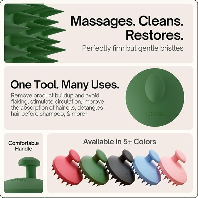 SXNSE - Revive Silicone Scalp Massager, Forest - Manual Hair & Scalp Scrubber for Dandruff, Buildup, Itch, & Hair Growth - Soft Exfoliating Silicone Bristles for Wet & Dry Hair, Flake-Free Finish