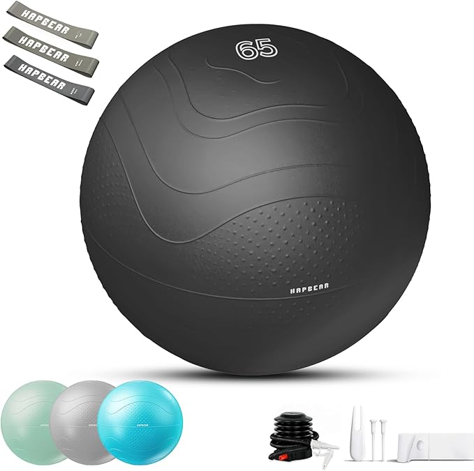 HAPBEAR Exercise Ball (22''/26''/30'') - Anti-Burst Slip-Resistant Yoga/Pilates Ball for Core Training & Posture Improvement, Home Gym/Rehab/Pregnancy Ball, Quick Pump & 3 Resistance Bands Included