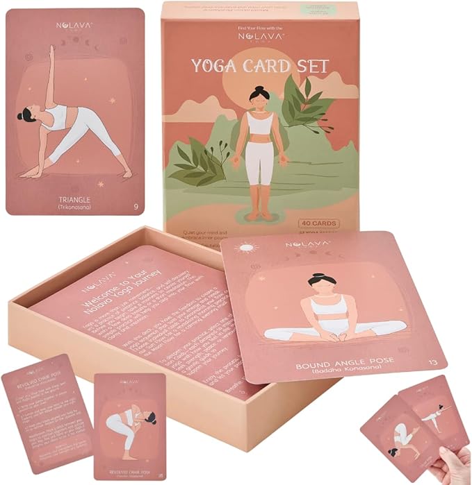 NOLAVA Yoga Card Gift Set – Large 4"x6" Yoga Cards with 30 Poses, 10 Intentions, Sun/Moon Flows & Guided Meditation – Sweat-Proof, Wipe-Clean Deck with English + Sanskrit – Perfect Yoga Gift for Women