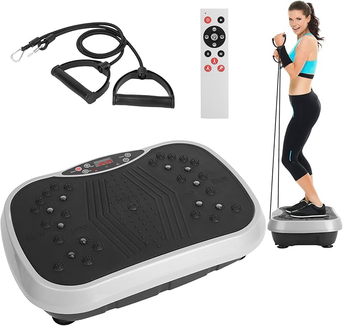 Vibration Plate Exercise Machine, Full Body Shaker Workout Equipment Board Sport Home Training Vibrating Fitness Platform with Resistant Bands Remote Control for Weight Loss Fat Burner