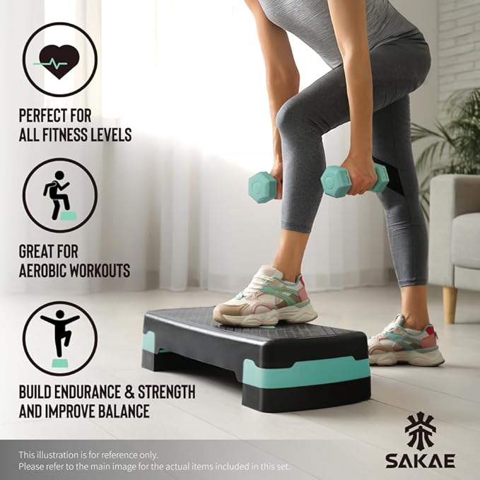 SAKAE Step Aerobics Platform Set with Dumbbells & Measuring Tape, Aerobic Steppers for Exercise at Home, Adjustable Height 2 Level Risers Workout Step Trainer with Non-Slip Surface, Multiple Colors