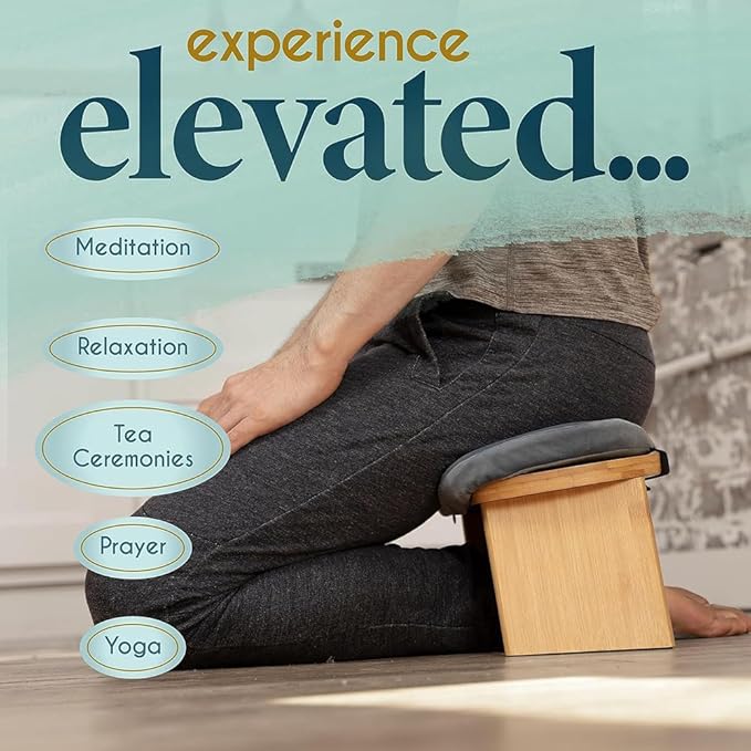 Meditation Bench, Portable Yoga Auxiliary Stool with Cushion, Wooden Kneeling Stool with Handbag, Foldable Comfort Chair, Multifunctional Ergonomic Seat, for Yoga, Prayer