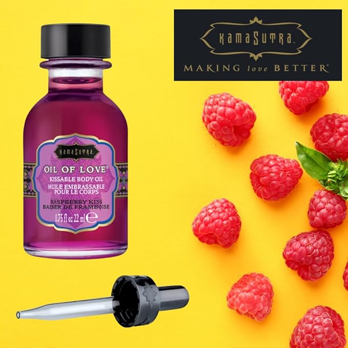 KAMA SUTRA Oil of Love Raspberry Kiss - .75 fl oz - Kissable Warming Body Topping for Oral Foreplay Fun, Delicious Lickable Flavor for Couples, Women, and Men. Water-Based.