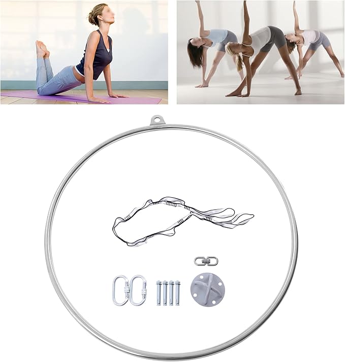 Aerial Hoop Kit, 253lbs Weight Capacity Professional Aerial Hoop, 90cm Stainless Steel Yoga Starter Set with Nylon Rope and Fixing Plate, Aerial Yoga Equipment for Fitness, Dance, Performance