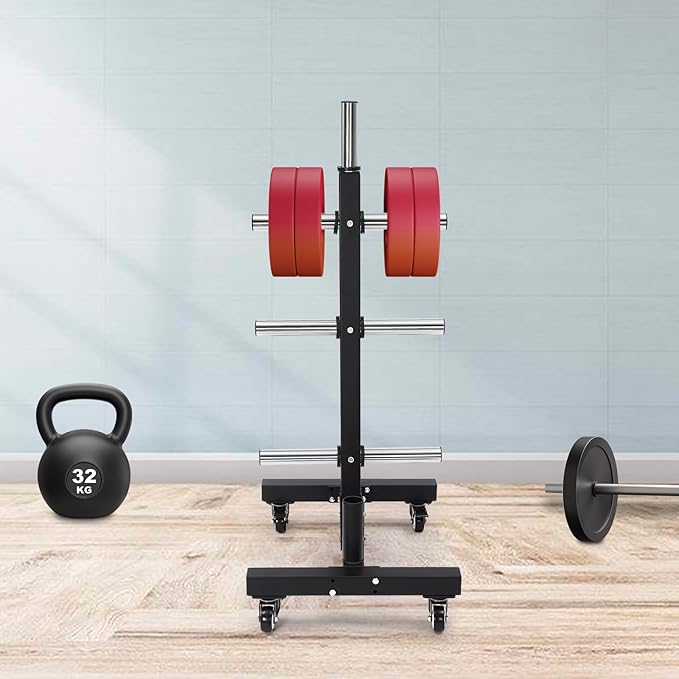 Olympic Weight Plate Tree, Olympic Weight Plate Rack with 6 9.5 in storage posts & bar holders Barbell Plate and Dumbbell Racks Tree with Brake universal wheel Load-bearing 1100lbs