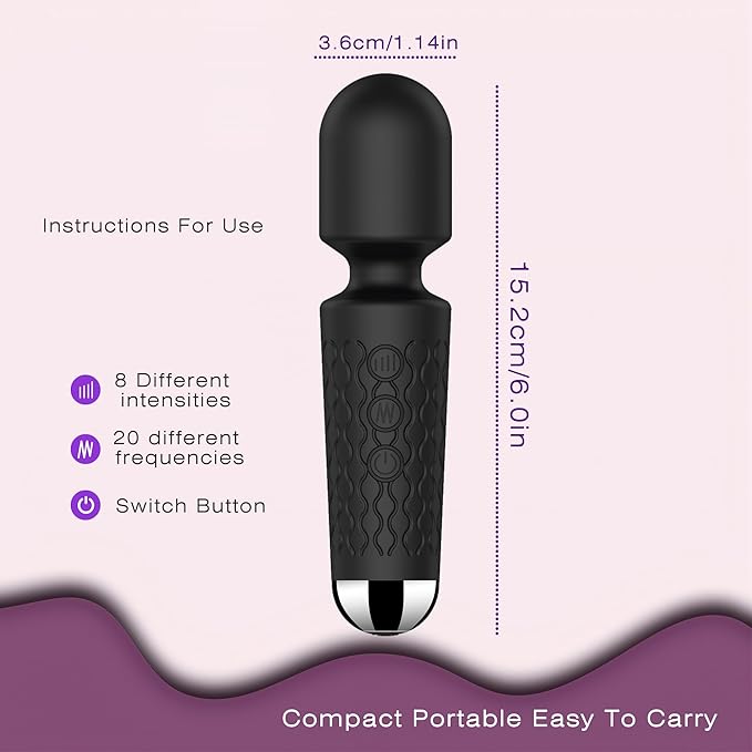 Powerful Cordless Massager - Personal 8 Intensity & 20 Modes mini Massager, Handheld Vibration Wand for Deep Tissue Relief in Back, Neck, Legs & Muscles - Portable for Home & Travel (Black)