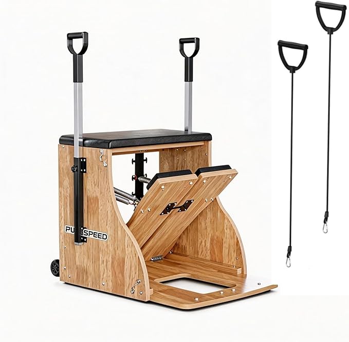 Pilates Chair Wunda Chair Pilates Combo Chair with Handles Split Pedals Reformer Machine for Yoga Core Training Rehabilitation Includes Non-Slip Socks (Wood Panel Bracket)
