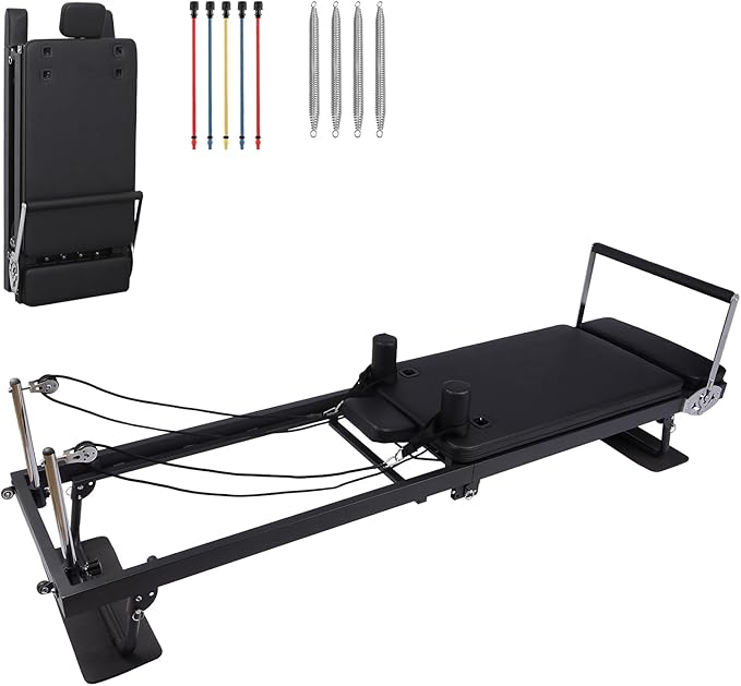 Pilates Reformer, 91 in Foldable Reformer Pilates Machine, Pilates Equipment with Springs and Resistance Ropes for Advanced and Beginners Users