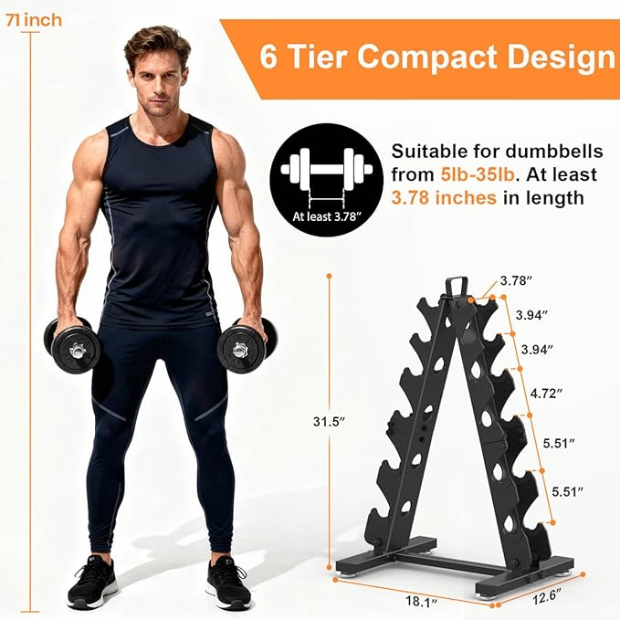 TomCare 6-Tier|5-Tier|4-Tier Dumbbell Rack Stand Only, Weight Rack for Home Gym Storage Stand for Weights Metal A-Frame Strength Training Dumbbell Holder with Handle (Dumbells not Included)