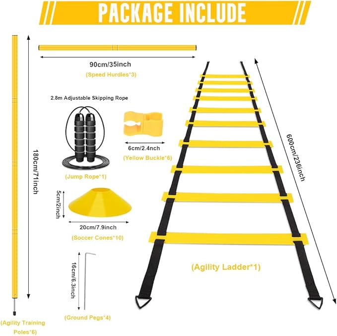 Agility Training Set: 3 Adjustable Speed Hurdles, 6 Agility Poles, 1 Agility Ladder, 12 Soccer Cones & Jump Rope, Multi-Function Soccer Training Equipment for Athletes, Amateurs, Youth