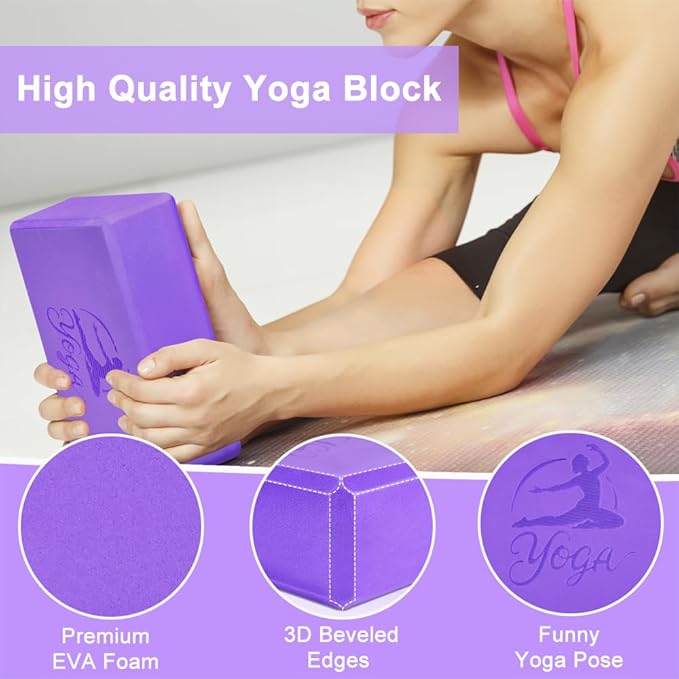 2 Yoga Block and 2 Yoga Strap Set,Non-slip EVA Foam Blocks, High Density Yoga Bricks with 6ft Strap, Supportive Latex-Free Yoga Block Accessories for Pilates