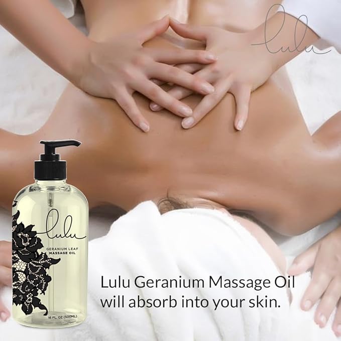 Lulu Geranium Massage Oil with Sweet Almond & Jojoba Oils Lightweight Non-Greasy Body Oil for Smooth Skin & Relaxation joint and muscle Aromatherapy for Couples Massage & Massage Therapy 16 fl oz Pump