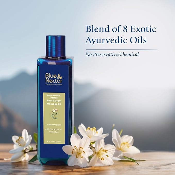 Blue Nectar Sensuous Jasmine Body Massage Oil for Relaxing Massage Therapy with Essential Oils | 100% Natural Ingredients (8 Herbs, 6.76 fl oz)