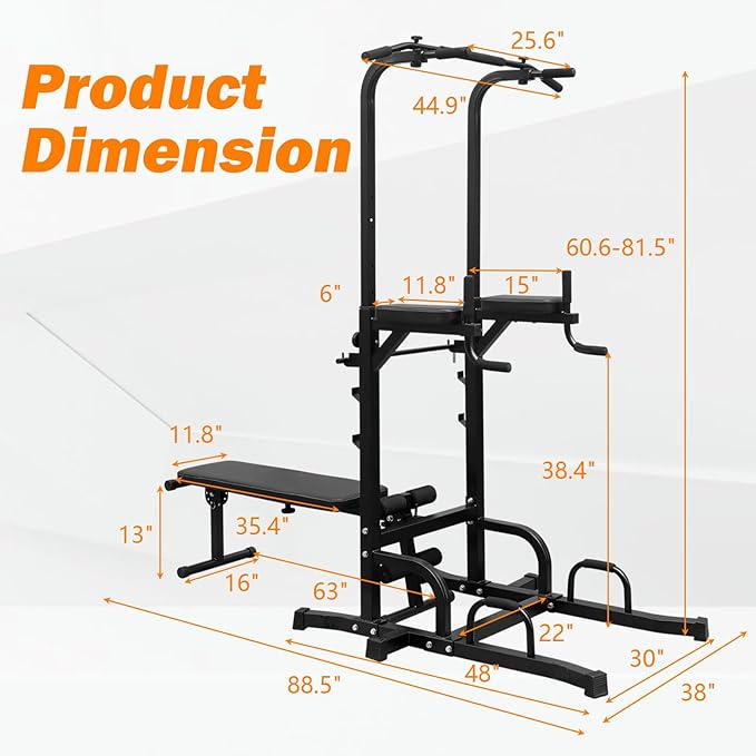 Power Tower with Weight Bench, Adjustable Height Dip Bar Station, Pull Up Dip Station for Home Gym, Multi-function Dip Station Pull Up Bar Full Body Strength Training Workout Fitness Equipment for Tricep Dips