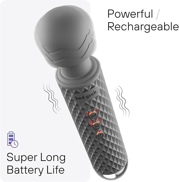 bed geek Handheld Cordless Personal Wand Massager – Waterproof, USB Rechargeable, 20 Vibration Patterns, 8 Speeds, Memory Feature, Skin-Soft Silicone for Ultimate Relaxation Tool
