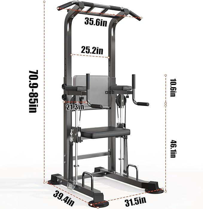 Dland Power Tower Dip Station Pull Up Bar Exercise Tower, Multifunctional Adjustable Height Training Equipment for Home Gym, Free Standing Assisted Fitness Workout Pullup Rack Station Machine
