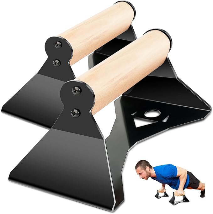 Parallettes Push Up Handles - Heavy Duty Steel Frame with Ergonomic Beech Wood Grips, Calisthenics Equipment for Strength Training, Anti-Slip Push Up Bars for Home Gym (250kg Capacity)
