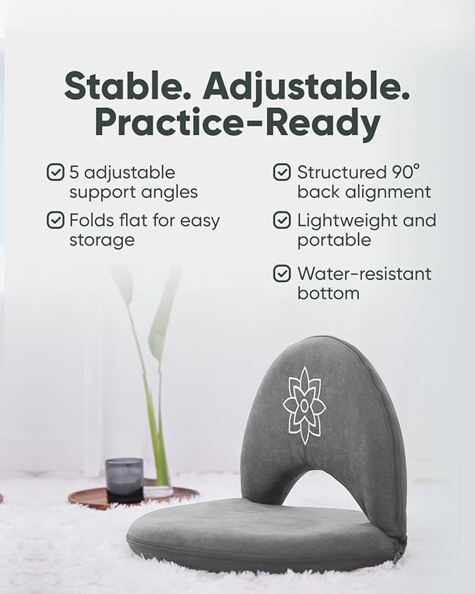Mindful Modern Meditation Chair | Adjustable Floor Chair with Back Support | Padded Floor Seat for Posture Support and Comfort | Portable Folds Flat for Storage | Indoor/Outdoor Use | Slate Grey
