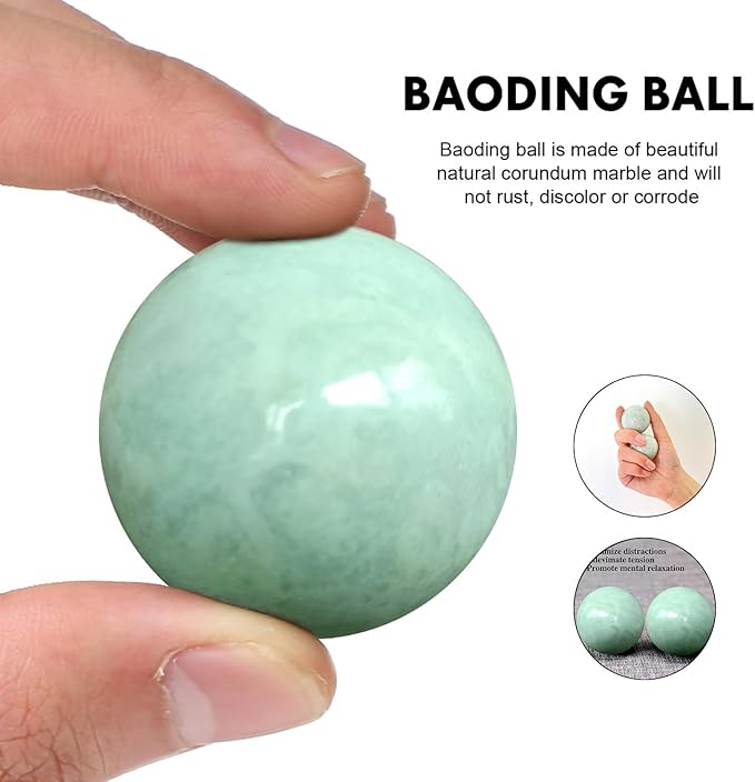 Traditional Chinese Baoding Balls, Marble Health Exercise Stress Relief Balls with an Upgraded Shockproof Imitation Wood Box, Green, 2-Piece Set, Medium-1.57"